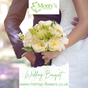 An image of a couple with the bride holding a beautiful wedding bouquet from Monty's Flowers with logo and the words Wedding Bouquet www.montys-flowers.co.uk